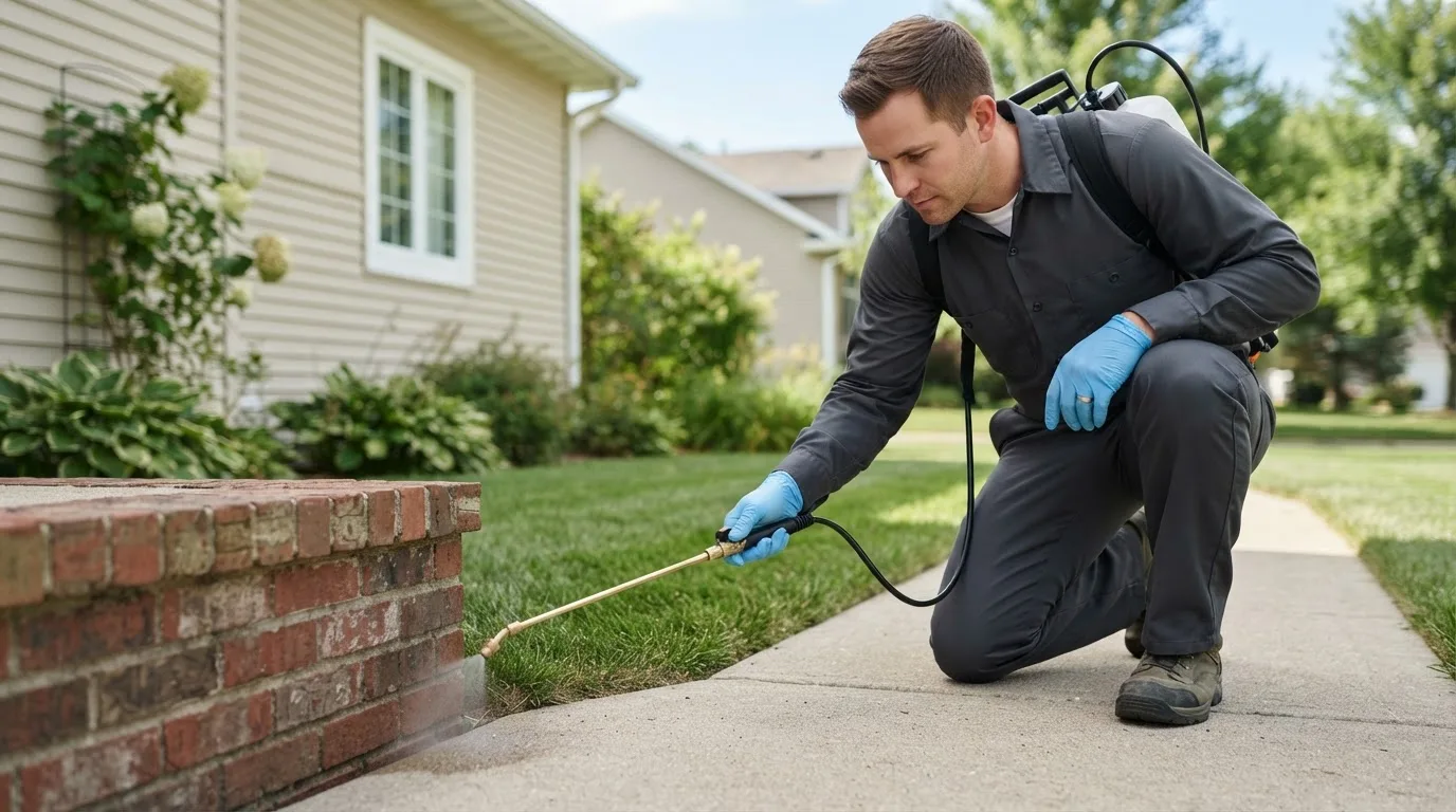 Pest control technician treating a home near Balm, FL